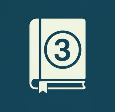 White minimalist book icon featuring the number three in a circle on a dark teal background.