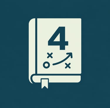 White strategy book icon with number four and tactical play symbols on a teal background.