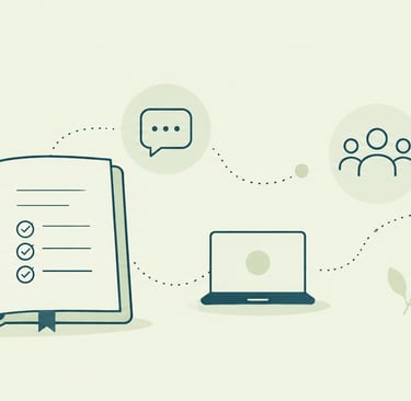 Digital learning strategy illustration with book, laptop, and online communication icons for education.