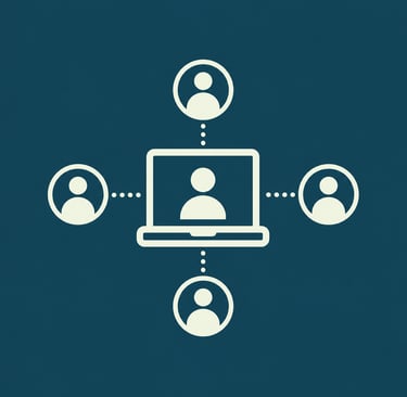 Flat icon illustration of a virtual meeting showing a laptop connected to remote user profiles.