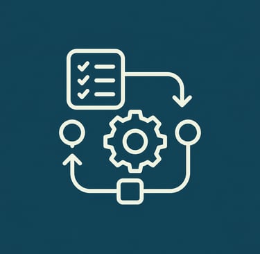 White line icon showing a workflow automation process with a checklist, gear, and circular arrows.