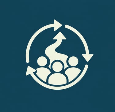Minimalist business icon showing a team of people with circular arrows and an upward growth path.