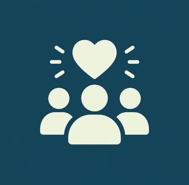 A group of three person icons with a heart symbol above them representing community support and love.