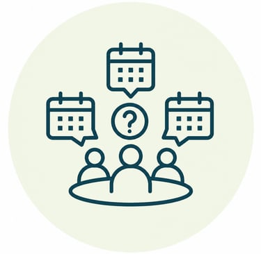 Line art icon showing a group of people scheduling a meeting using calendar speech bubbles.