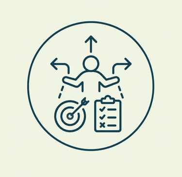 Strategic business planning icon showing a person making decisions with a target and task checklist.
