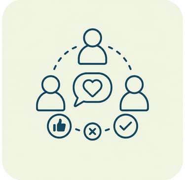 Line art icon showing social media engagement with user profiles, heart speech bubble, and reaction symbols.