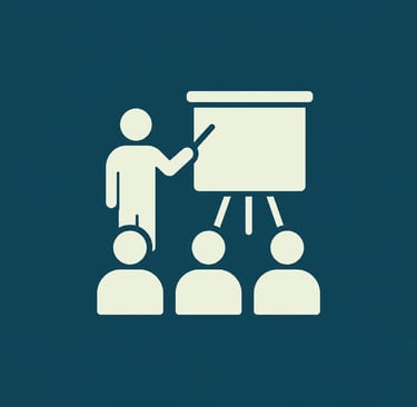 A minimalist business presentation icon showing a speaker at a whiteboard teaching an audience.