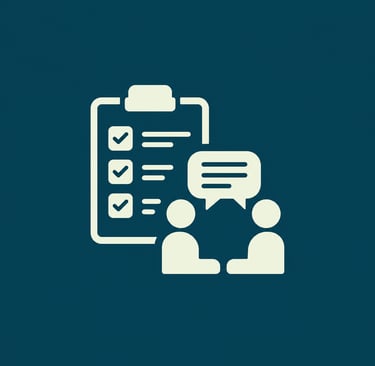 A white flat icon depicting a survey clipboard and two people in a business consultation meeting.