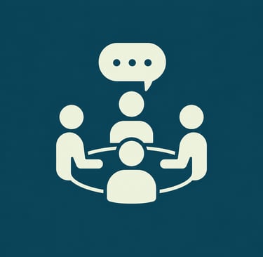 A minimalist flat icon representing a business team meeting and collaboration around a round table.