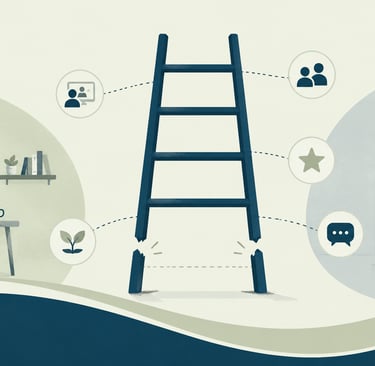 Illustration of a broken career ladder connecting a remote home office and a corporate workspace.