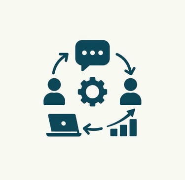 Business workflow icon showing team collaboration with laptop, data chart, and communication bubble.