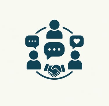Business collaboration icon showing people icons, speech bubbles, and a handshake for teamwork.