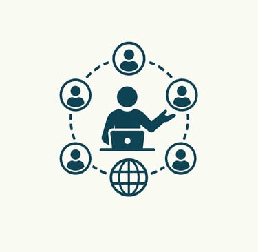 A blue flat icon representing a global business network with person avatars connected around a central leader using a laptop.