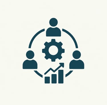 Business teamwork icon showing people figures, a gear, and a growth chart for collaboration and productivity.