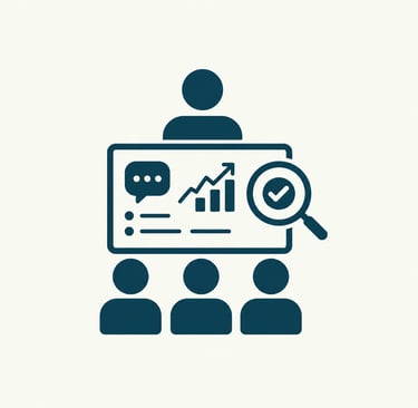 A business data analysis icon showing a person presenting a growth chart to an audience.