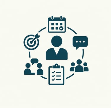 Business management icon showing project planning, goal setting, and team communication.