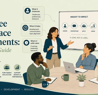 Business leaders discussing employee workplace assessments and insights to impact strategy in a team meeting.