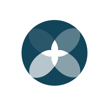 Abstract geometric blue circle logo with overlapping petals on a black background.