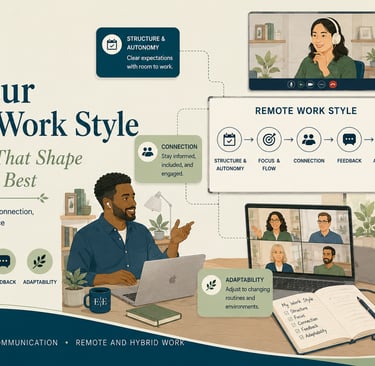 Infographic showing five dimensions of remote work style including structure, focus, connection, and adaptability.