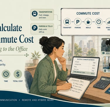 An infographic showing how to calculate monthly commute costs for remote and hybrid work planning.