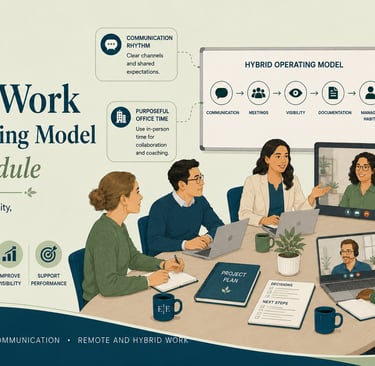 Hybrid work operating model infographic showing a diverse business team collaborating in person and via video call.
