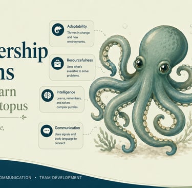 An infographic showing 8 leadership lessons from an octopus, covering adaptability, resilience, and strategic thinking.