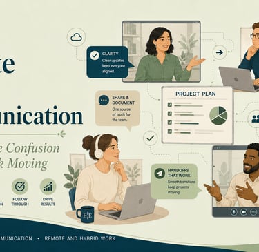 An infographic illustrating remote team communication strategies for efficient hybrid work management.