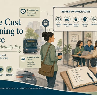 An infographic titled The True Cost of Returning to the Office illustrating remote and hybrid work trade-offs.