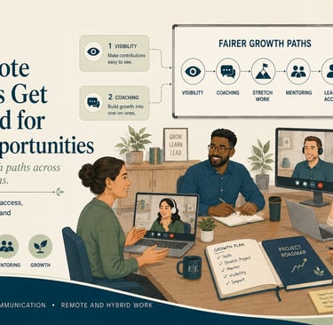 Infographic titled Why Remote Employees Get Overlooked for Growth Opportunities showing a hybrid team meeting.