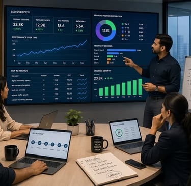A professional team in a Bengaluru office reviewing an SEO performance dashboard and digital marketing strategy.