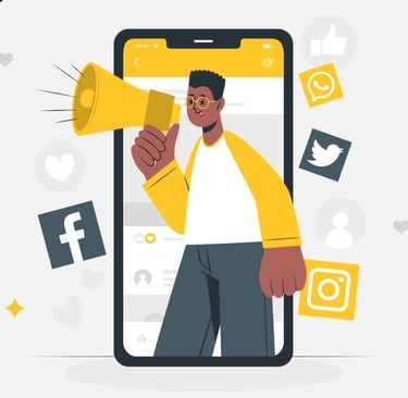 An illustration of a man with a megaphone on a smartphone screen for social media marketing strategies.
