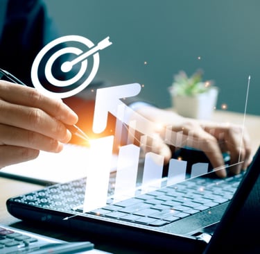 A business professional analyzes digital growth charts and a target icon to reach financial goals.