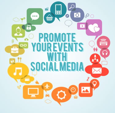Promote your events with social media infographic featuring colorful digital marketing icons.