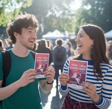 Smiling students holding event flyers at a sunny outdoor college campus festival.
