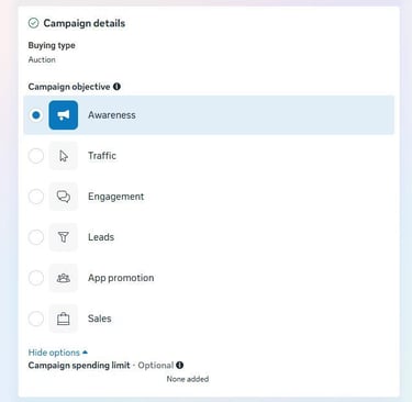 Facebook Ads Manager dashboard showing campaign objective options including Awareness, Traffic, and Engagement.