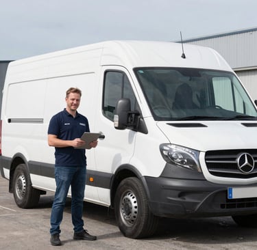 A delivery driver with a digital tablet standing next to a white Mercedes-Benz Sprinter cargo van.