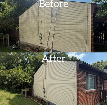 Before and after professional soft wash vinyl siding cleaning on a residential home.