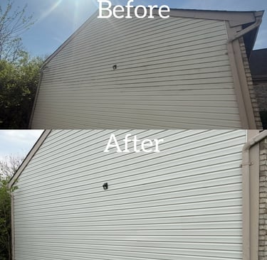 Before and after comparison of professional power washing on dirty house vinyl siding.
