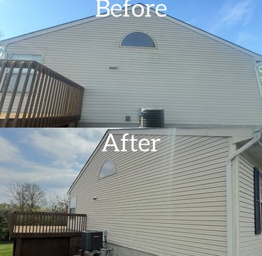 Before and after professional soft wash house siding cleaning results on a residential home.