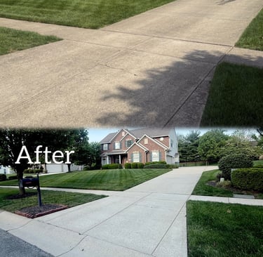 Before and after professional pressure washing services showing a clean concrete driveway and sidewalk.
