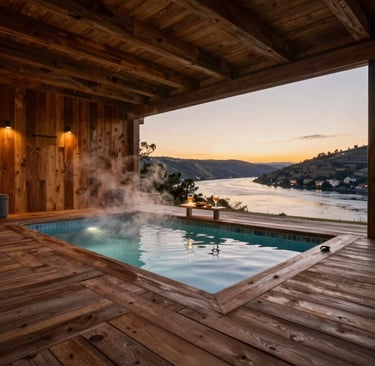Heated swimming pool at sunset with soft lighting and views of the Douro River