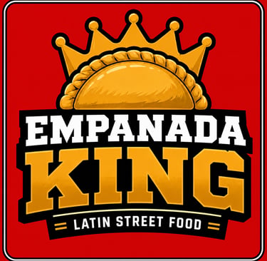 Empanada King logo featuring a golden empanada wearing a crown over Latin street food text.