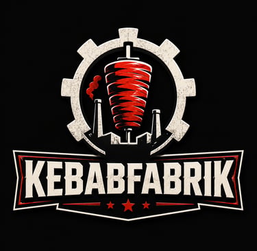 Kebabfabrik logo featuring a red doner kebab spit inside a white industrial gear with factory smokestacks.