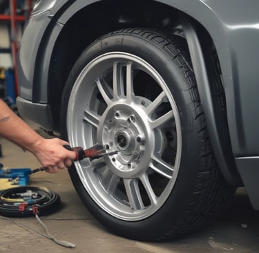 Close-up of shiny new tires stacked neatly next to a workbench with tools.