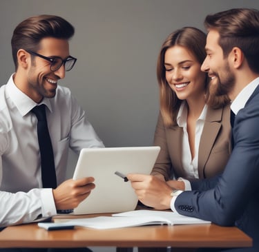 Entrepreneur shaking hands with a Credicore financial advisor in a modern office.