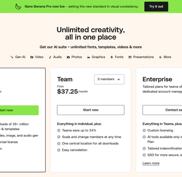 a website page with a pricing sheet for a website