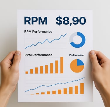 "Hands holding a printed RPM analytics report showing revenue charts, performance graphs, and advert