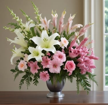Elegant orchids paired with soft pink carnations in a delicate vase.