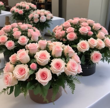 A vibrant bouquet of red roses and white lilies arranged in a rustic basket.