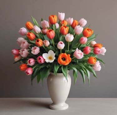 A festive bouquet featuring bright claveles and tulipanes with a touch of greenery.